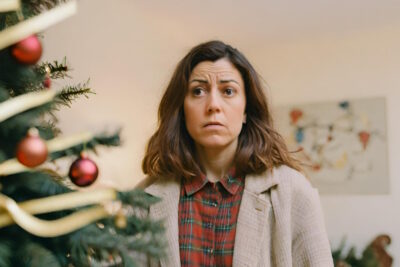 dark-haired woman in green and red checked shirt and grey cardigan looking sad and nervous next to a Christmas tree