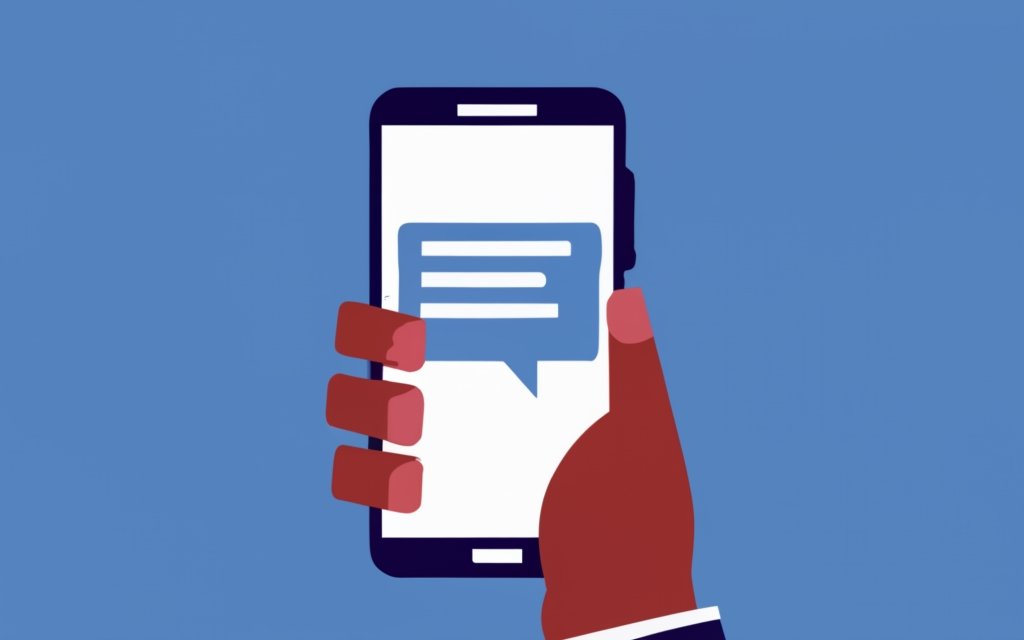 Illustration of a hand holding a smart phone that has a blue speech bubble in it representing a text message