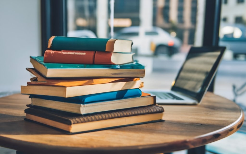 pile of books on a round wooden table with a laptop in the background