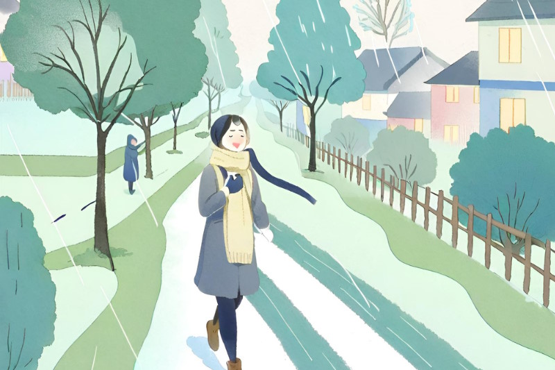 illustration of a smiling woman walking on a path. it is raining and she is wearing a scarf and gloves. there are trees and houses lining the path and a figure in the background
